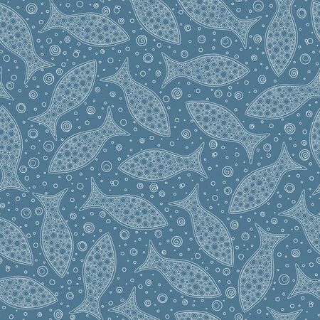 Vector seamless pattern with hand drawn geometric fishes upon dark blue background. Creative ornament for covers, backgrounds, textile and interior decorationのイラスト素材