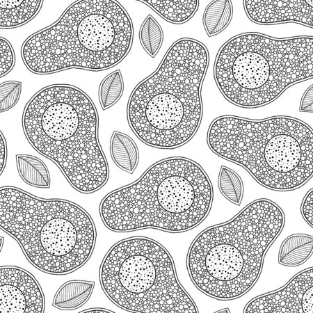 Line doodle art avocado seamless pattern. Hand drawn. Can be used for wallpaper, pattern fills, coloring books and pages for kids and adults. Black and white.のイラスト素材