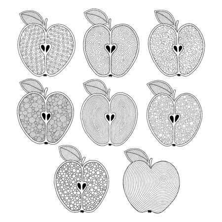 Set of illustrations for coloring book page  with outlines of apples. For kids education or adult antistress.のイラスト素材