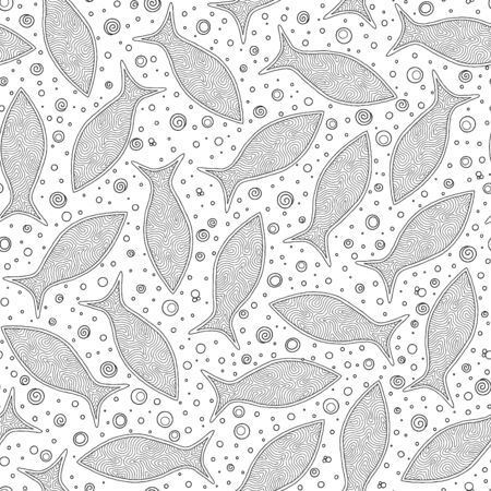 Seamless pattern with hand drawn fish  in black and white doodle style. Pattern for coloring bookのイラスト素材
