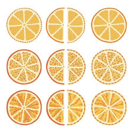 Set with hand drawn colorful doodle oranges. Sketch style vector collection. Vegan, farm, natural...