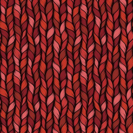 Red seamless pattern with interweaving of braids. Abstract ornamental background in form of a knitted fabric. Stylized textured yarn or hairstyle close-upのイラスト素材