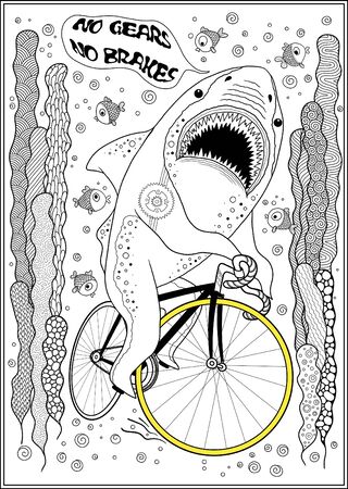 Shark on a bike.  Poster on a bicycle theme. Can be used as a poster on the wall, print on a t-shirt, magazine cover, coloring page for adults. のイラスト素材