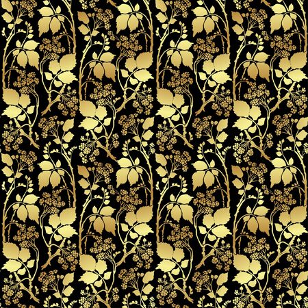 Seamless Golden Art Deco vintage pattern with sprigs and berriesのイラスト素材
