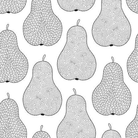 Hand drawn pears for antistress coloring page. Seamless pattern for coloring book. Illustration in zentangle style. Black and white background.のイラスト素材