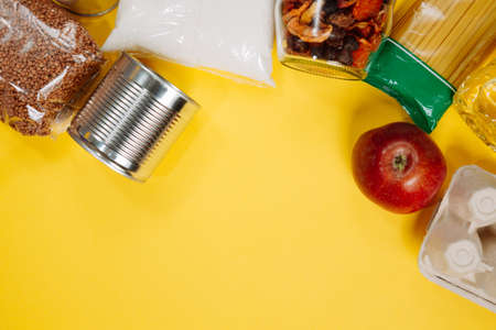 Flat lay of food supplies crisis for quarantine isolation period