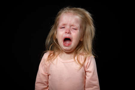 Portrait of Crying, Yelling, Abused Helpless Baby Girl After Family Conflict. Got Lost. In...