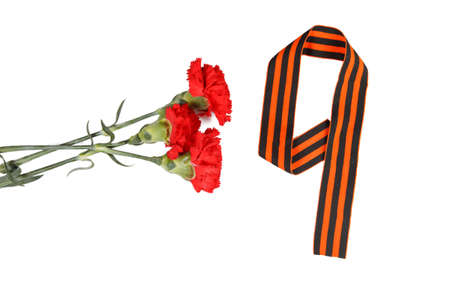 Symbols of Victory in Great Patriotic War three red flower and number 9 on a table. white background. isolatedの写真素材