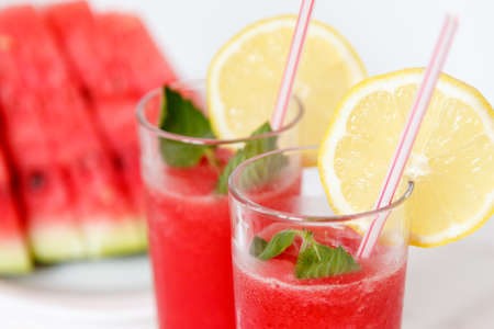 watermelon juice on wooden background. close up. Selective focusの写真素材