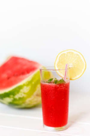 glass of watermelon smoothie with lemon. Selective focusの写真素材
