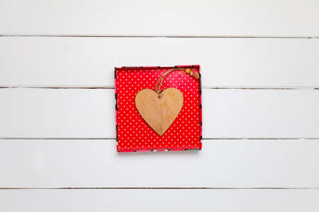 wooden heart in box on table. top viewの写真素材