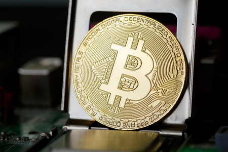 Bitcoin New Cryptocurrency E-business Money Design. Golden Virtual Cash Monetary Payment Conceptual...