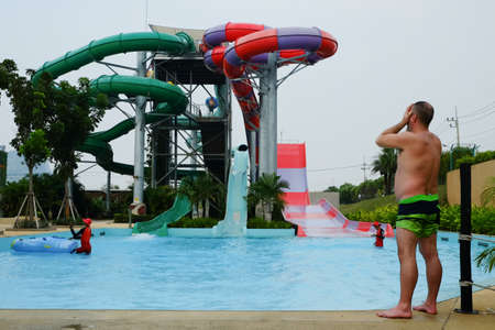 Pattaya, Thailand - 20 01 2019 - Ramayana water park. Man closed his eyes with his hands in front of...