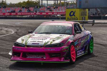 VLADIVOSTOK, RUSSIA - OCTOBER 02: Nissan Silvia racing car in a parking lot ahead of a drift competition. Russian drift show RDS without borders on October 02, 2021.のeditorial素材