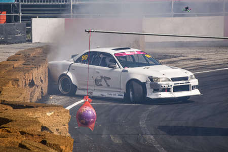 VLADIVOSTOK, RUSSIA - OCTOBER 02: Car accident on the race track. Russian drift show RDS without borders on October 02, 2021.のeditorial素材