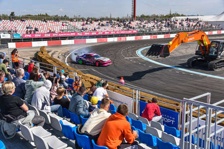 VLADIVOSTOK, RUSSIA - OCTOBER 02: Nissan silvia drifting on the track, Sports car wheel drifts and a lot of smoke. Russian drift show RDS without borders on October 02, 2021のeditorial素材