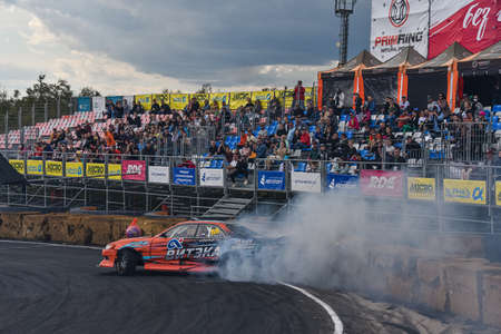 VLADIVOSTOK, RUSSIA - OCTOBER 02: Car accident on the race track. Russian drift show RDS without borders on October 02, 2021.のeditorial素材