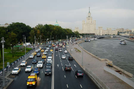 Moscow, Russia - August 2021: traffic jam in the city center at the Kremlin embankment.のeditorial素材