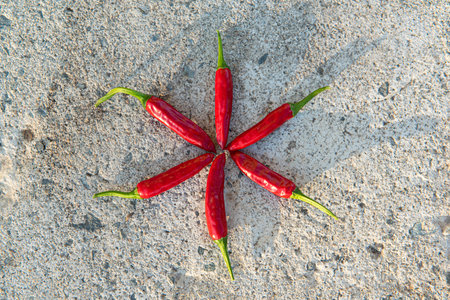 Many small hot red chili peppers close-up, lying on a stone background. Rustic background. Top view, flat lay.の写真素材