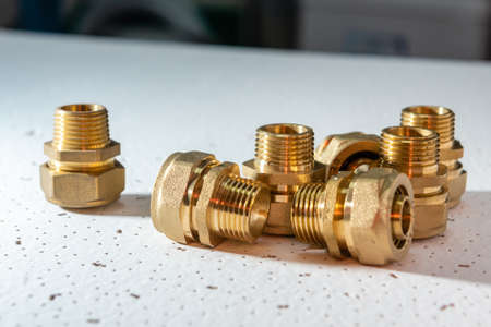 various Brass and metal fittings for plumbing.の写真素材
