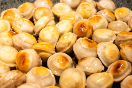 Fried meat dumplings fried on the pan. traditional russian cuisine.の写真素材