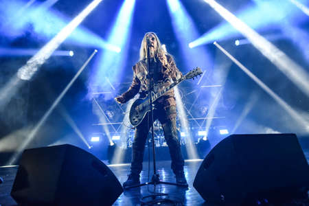 Vladivostok, Russia - February 14, 2022: Peter Tagtgren and Swedish Metal band Pain perform on the stage Fesco hall.のeditorial素材