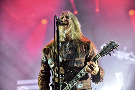 Vladivostok, Russia - February 14, 2022: Peter Tagtgren and Swedish Metal band Pain perform on the stage Fesco hall.のeditorial素材