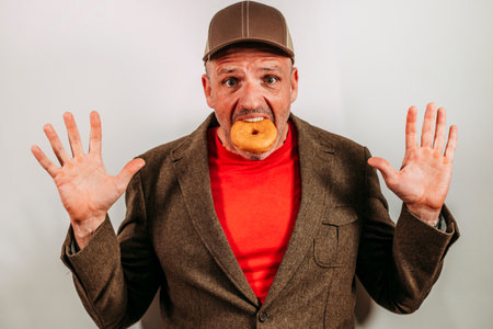 Man in brown jacket eating a donut.の写真素材