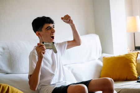 A teenager plays video games at home.の写真素材