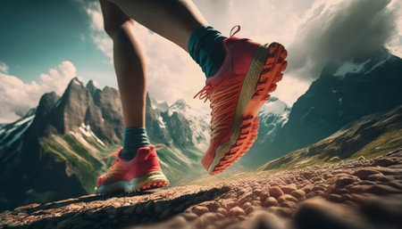 Trail runner feet, close up on sneaker shoes. Running, jogging in the mountains, nature. Healthy lifestyle fitness concept.の素材