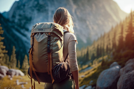 Traveler hiker camper woman wearing Big Trekking Backpack. Viewed from the back. mountains landscape. Hiking, trekking, backpacking, camping in the mountains concept. beautiful sunset sunrise lightの素材