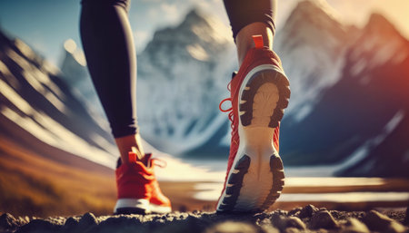 Trail runner feet, close up on sneaker shoes. Running, jogging in the mountains, nature. Healthy lifestyle fitness concept.の素材