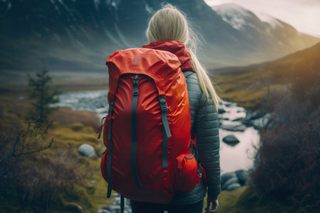 Traveler hiker camper woman wearing Big Trekking Backpack. Viewed from the back. mountains landscape. Hiking, trekking, backpacking, camping in the mountains concept. beautiful sunset sunrise lightの素材