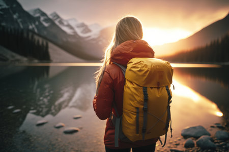 Traveler hiker camper woman wearing Big Trekking Backpack. Viewed from the back. mountains landscape. Hiking, trekking, backpacking, camping in the mountains concept. beautiful sunset sunrise lightの素材