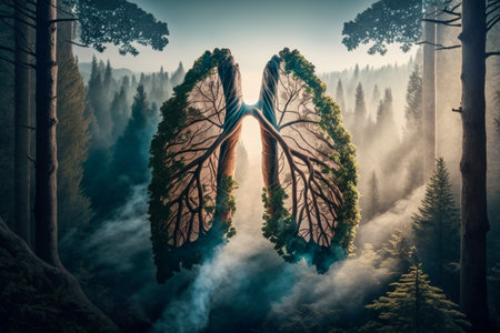 Human lungs in the forest. abstract illustration. Health, Respiratory system health concept. breathing.の素材