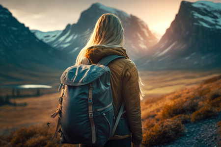 Traveler hiker camper woman wearing Big Trekking Backpack. Viewed from the back. mountains landscape. Hiking, trekking, backpacking, camping in the mountains concept. beautiful sunset sunrise lightの素材