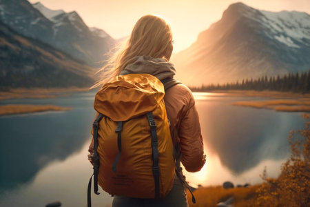 Traveler hiker camper woman wearing Big Trekking Backpack. Viewed from the back. mountains landscape. Hiking, trekking, backpacking, camping in the mountains concept. beautiful sunset sunrise lightの素材