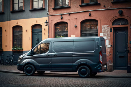 Dark gray cargo van. city street background. side view.の素材