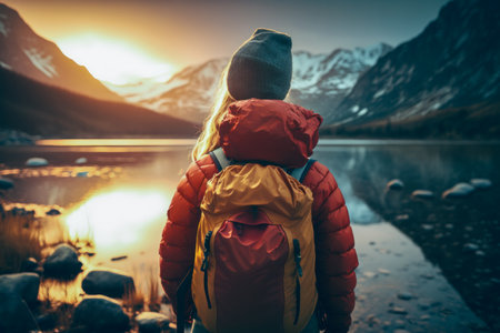 Traveler hiker camper woman wearing Big Trekking Backpack. Viewed from the back. mountains landscape. Hiking, trekking, backpacking, camping in the mountains concept. beautiful sunset sunrise lightの素材
