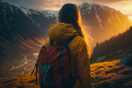 Traveler hiker camper woman wearing Big Trekking Backpack. Viewed from the back. mountains landscape. Hiking, trekking, backpacking, camping in the mountains concept. beautiful sunset sunrise lightの素材