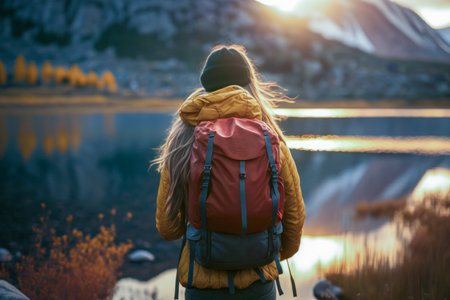 Traveler hiker camper woman wearing Big Trekking Backpack. Viewed from the back. mountains landscape. Hiking, trekking, backpacking, camping in the mountains concept. beautiful sunset sunrise lightの素材