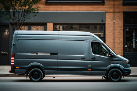 Dark gray cargo van. city street background. side view.の素材