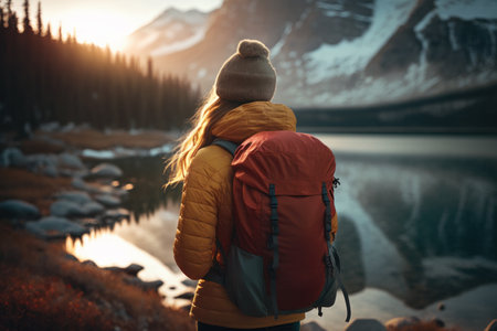 Traveler hiker camper woman wearing Big Trekking Backpack. Viewed from the back. mountains landscape. Hiking, trekking, backpacking, camping in the mountains concept. beautiful sunset sunrise lightの素材