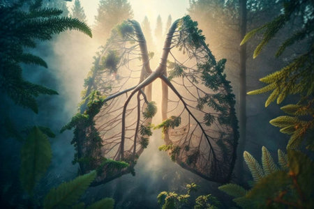 Human lungs in the forest. abstract illustration. Health, Respiratory system health concept. breathing.の素材