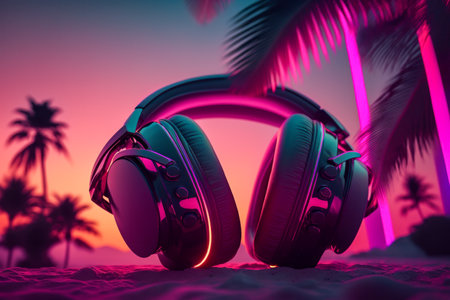 DJ headphones are on the outdoors table. In a cafe or restaurant. neon light. Palm trees on the background. Summer vacation on the beach by the sea, ocean. party. copyspace.の素材