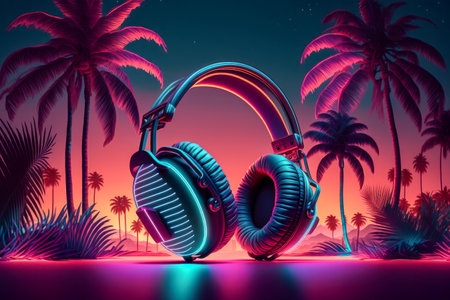 DJ headphones are on the outdoors table. In a cafe or restaurant. neon light. Palm trees on the background. Summer vacation on the beach by the sea, ocean. party. copyspace.の素材
