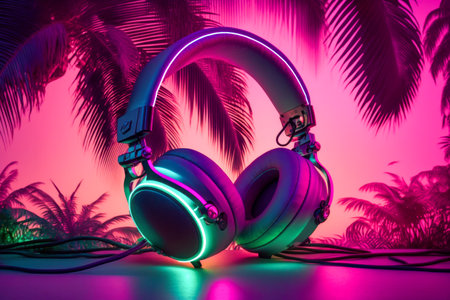 Headphones and palm trees on pink background in neon light. 3D Renderingの素材