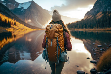 Traveler hiker camper woman wearing Big Trekking Backpack. Viewed from the back. mountains landscape. Hiking, trekking, backpacking, camping in the mountains concept. beautiful sunset sunrise lightの素材