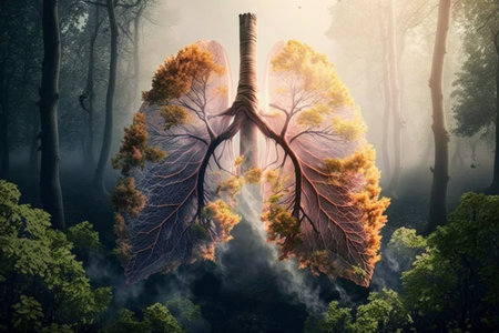 Human lungs in the forest. abstract illustration. Health, Respiratory system health concept. breathing.の素材