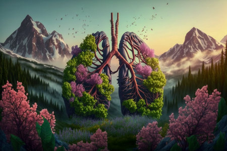 Human lungs in the beautiful mountain landscape, pink flowers. abstract illustration. Health, Respiratory system health concept. breathing.の素材